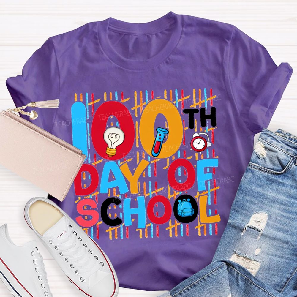 100th Day Of School Science Teacher Colored Lettering Print T-shirt