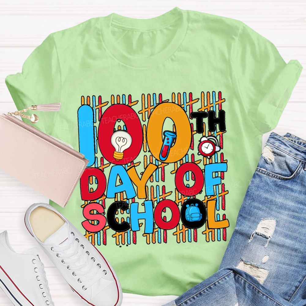 100th Day Of School Science Teacher Colored Lettering Print T-shirt