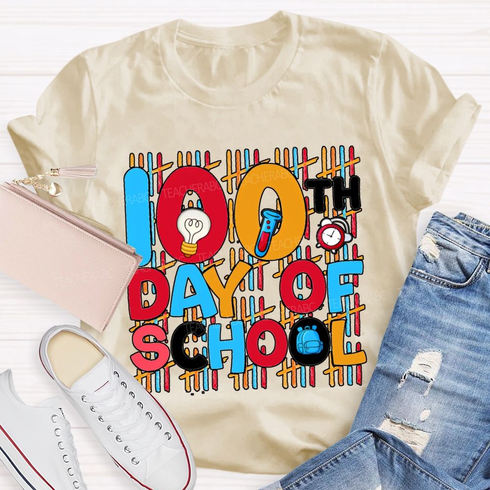 100th Day Of School Science Teacher Colored Lettering Print T-shirt