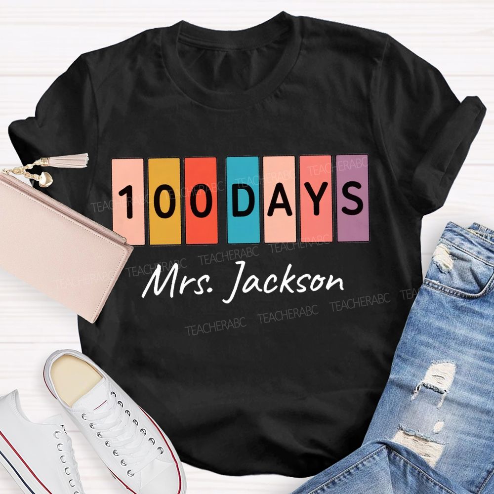 Personalized Name 100 Days Color Patchwork Print T-shirt