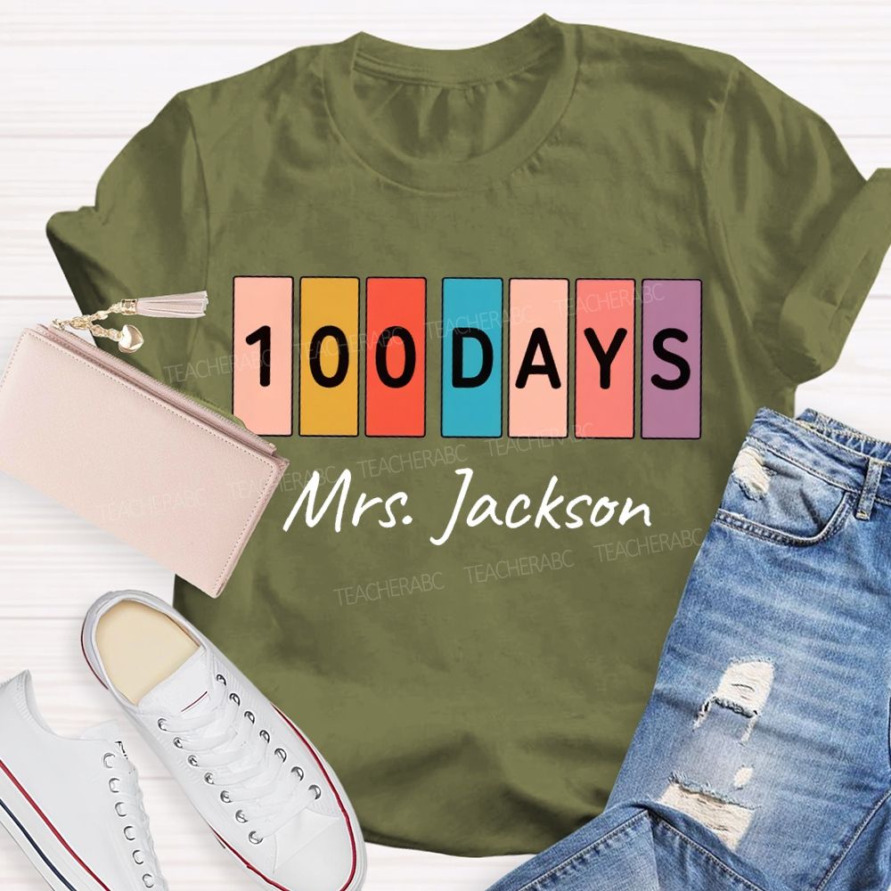 Personalized Name 100 Days Color Patchwork Print T-shirt