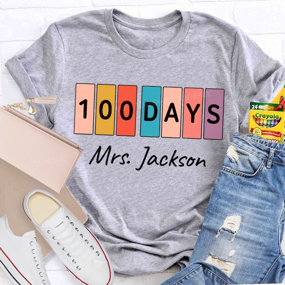 Personalized Name 100 Days Color Patchwork Print T-shirt