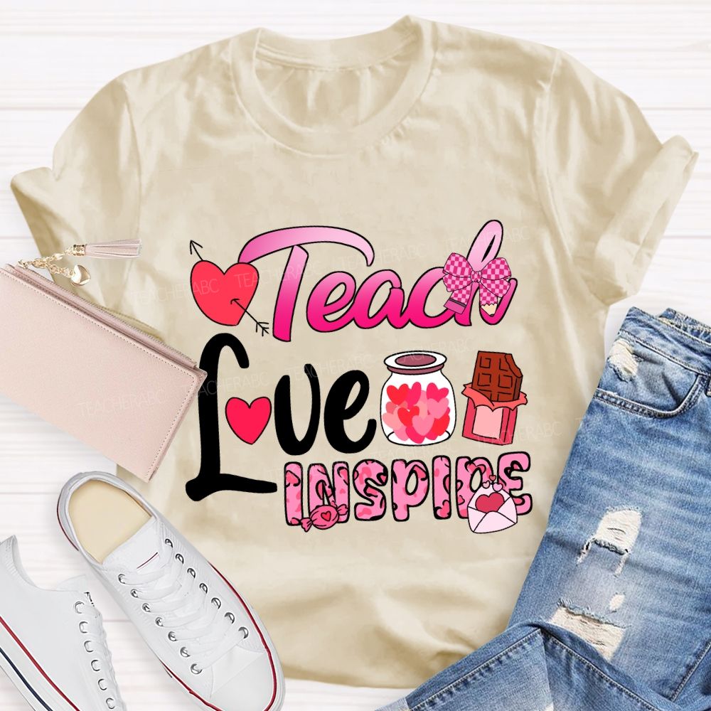 Teach Love Inspire Pink Heart Valentine'S Day T-Shirt