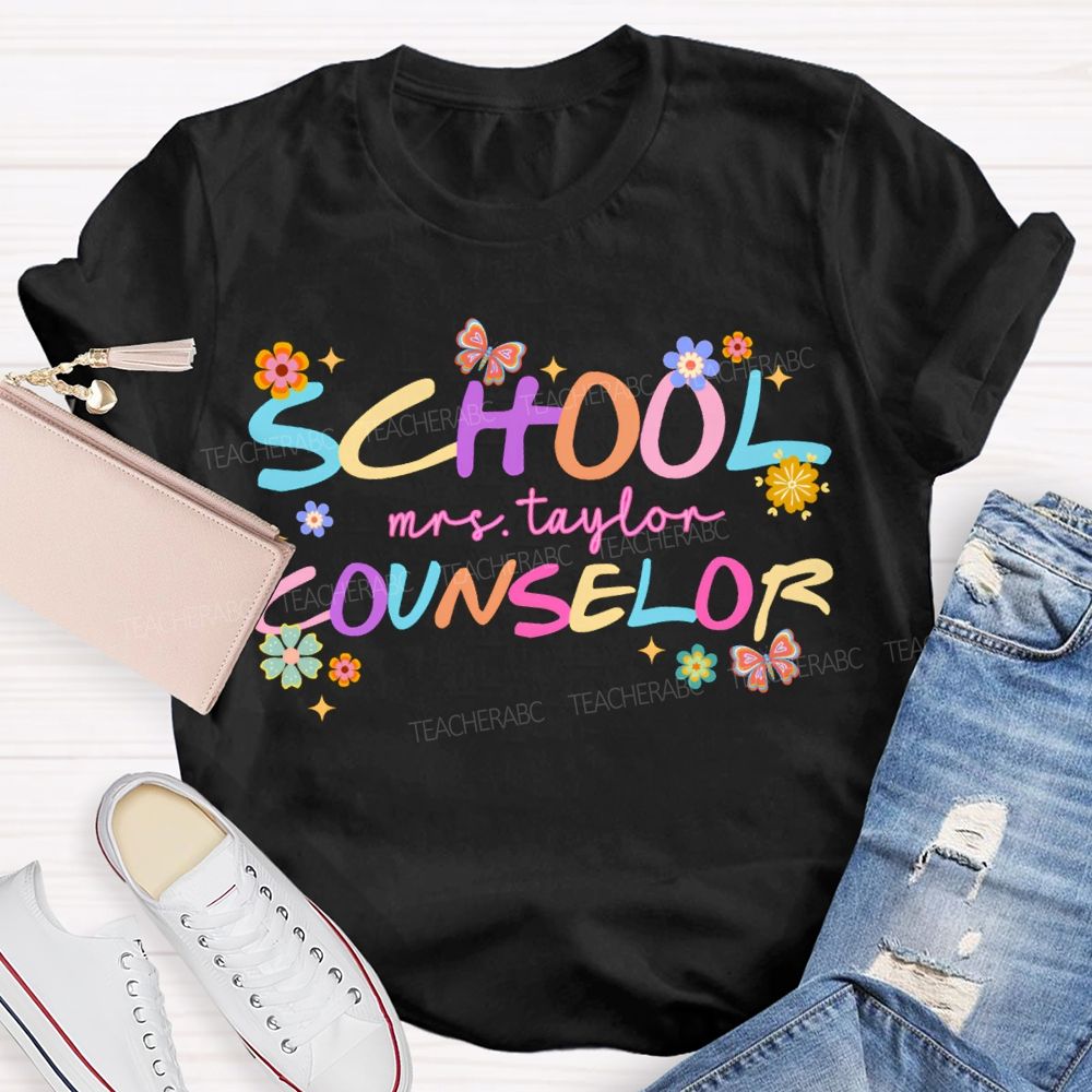 Personalized Name School Counselor Flower And Butterfly Print T-shirt