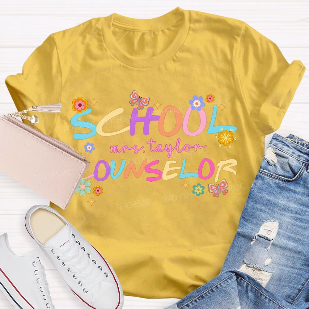 Personalized Name School Counselor Flower And Butterfly Print T-shirt