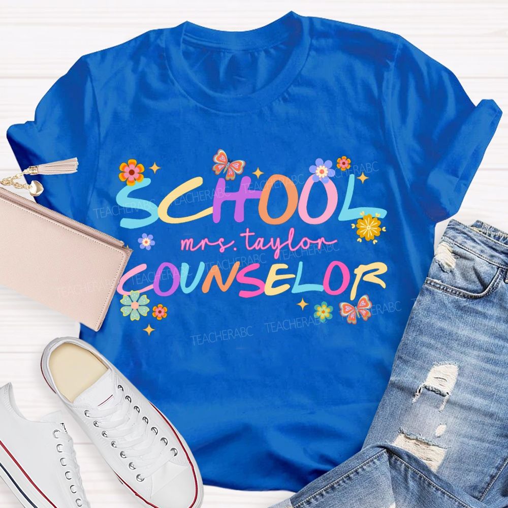 Personalized Name School Counselor Flower And Butterfly Print T-shirt