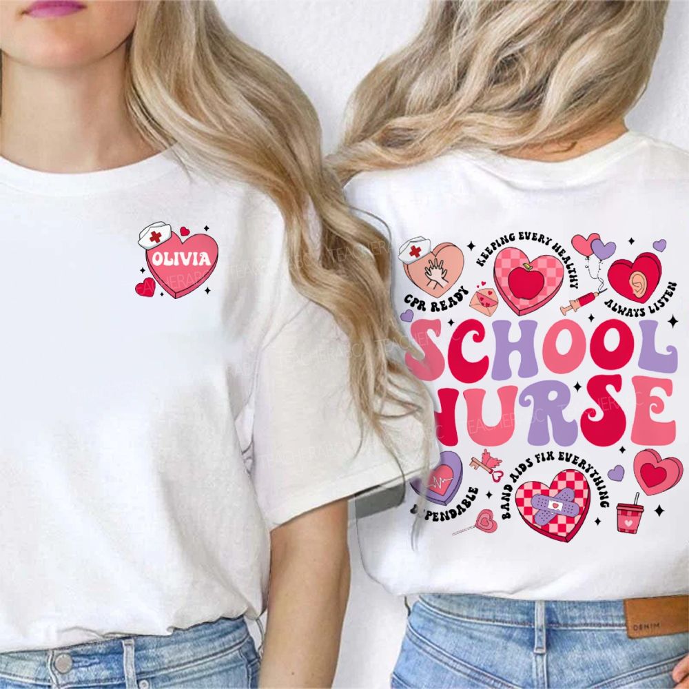 Personalized Name School Nurse Pink Heart Print Double Printed T-shirt