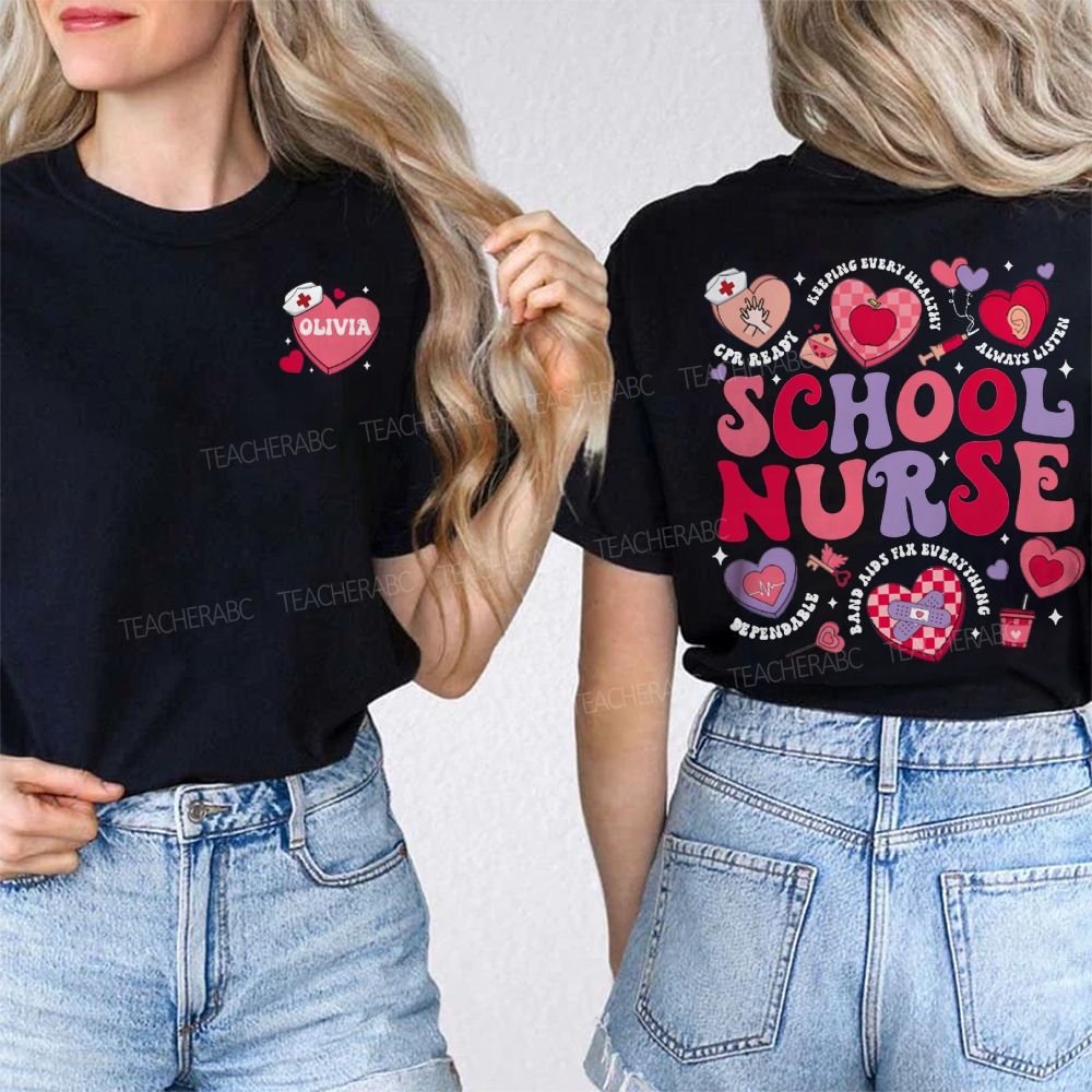 Personalized Name School Nurse Pink Heart Print Double Printed T-shirt