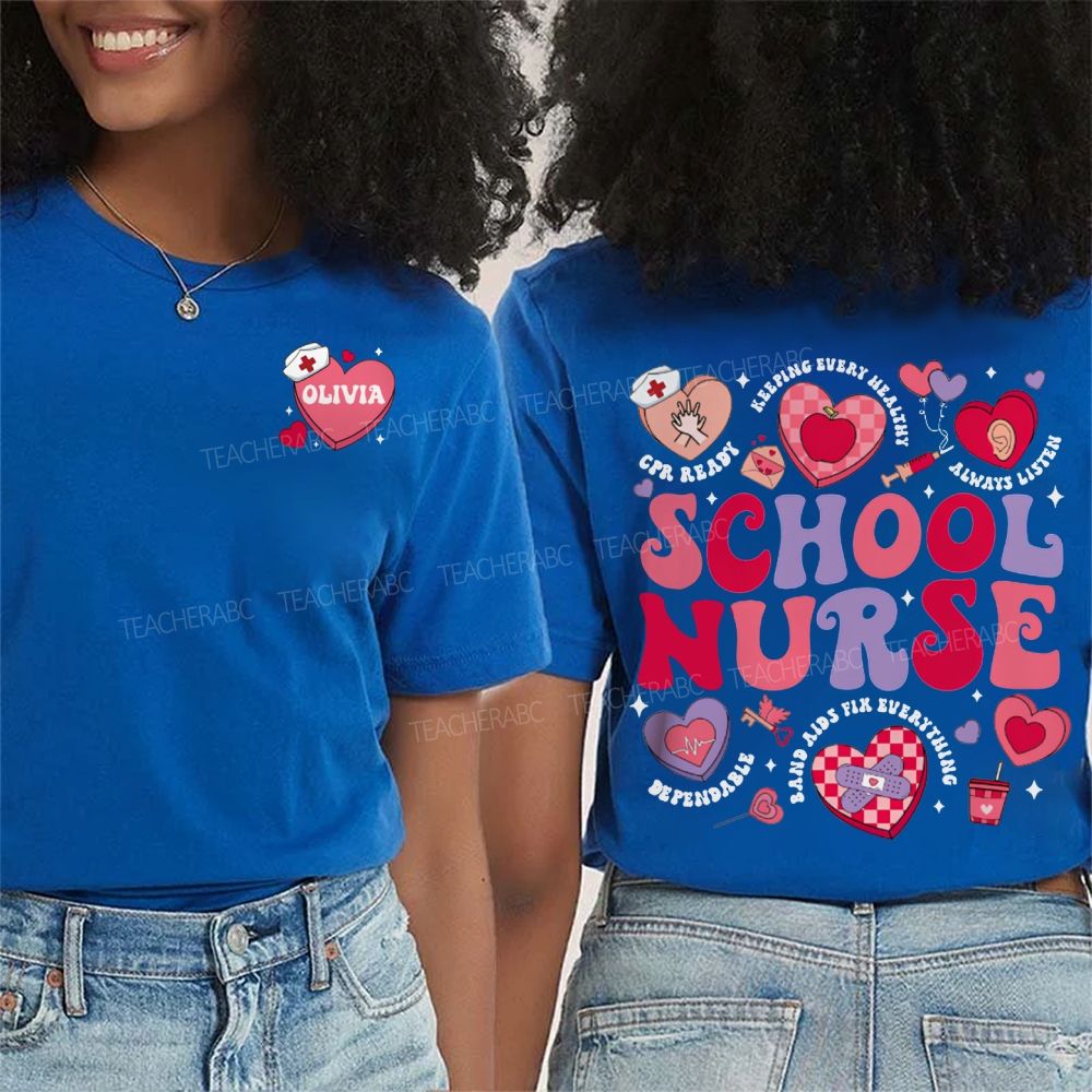 Personalized Name School Nurse Pink Heart Print Double Printed T-shirt