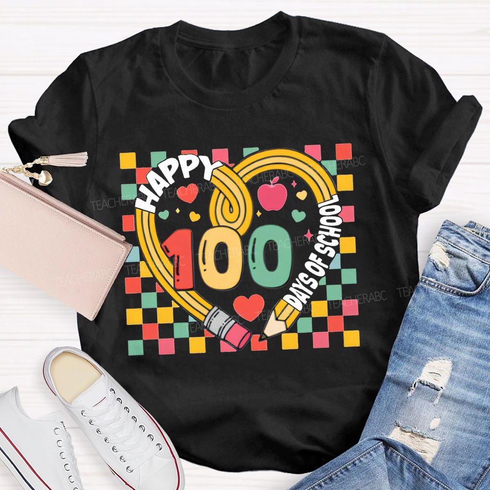 Happy 100 Days Of School Colorful Checkered Print T-shirt