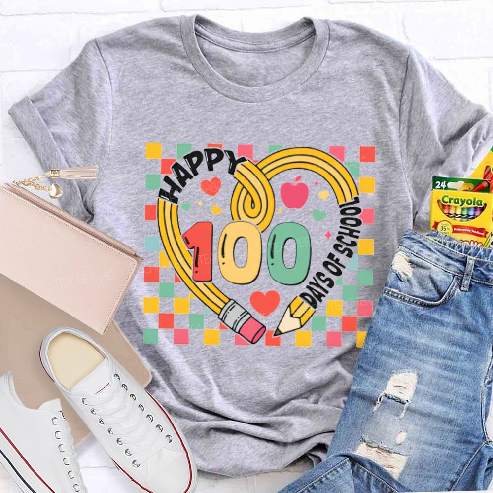 Happy 100 Days Of School Colorful Checkered Print T-shirt