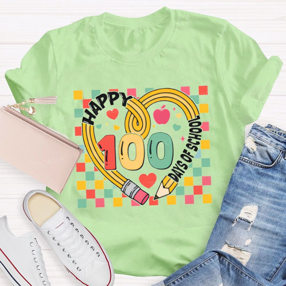 Happy 100 Days Of School Colorful Checkered Print T-shirt