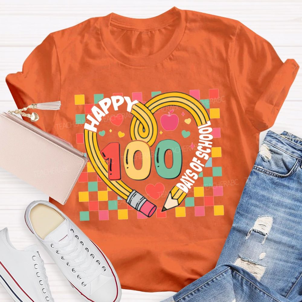Happy 100 Days Of School Colorful Checkered Print T-shirt