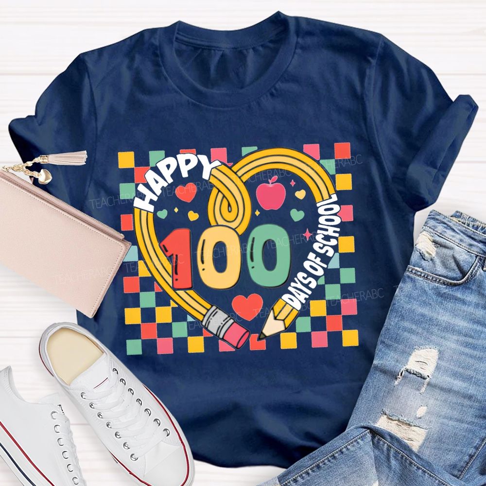 Happy 100 Days Of School Colorful Checkered Print T-shirt