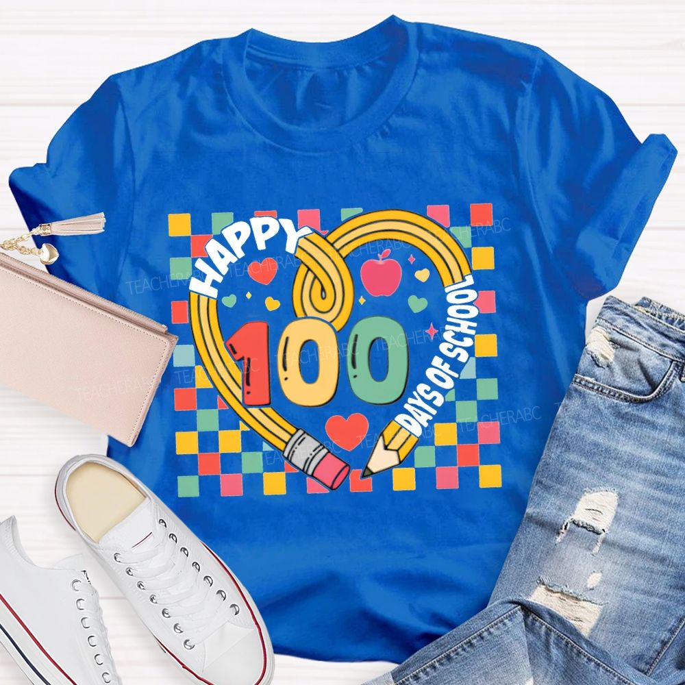 Happy 100 Days Of School Colorful Checkered Print T-shirt
