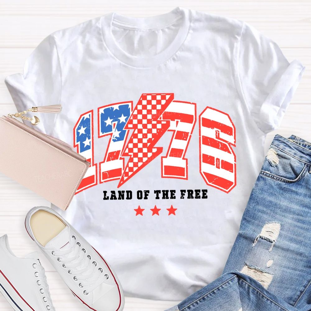 1776 Land Of The Free Red And Blue Lettering Print T-shirt