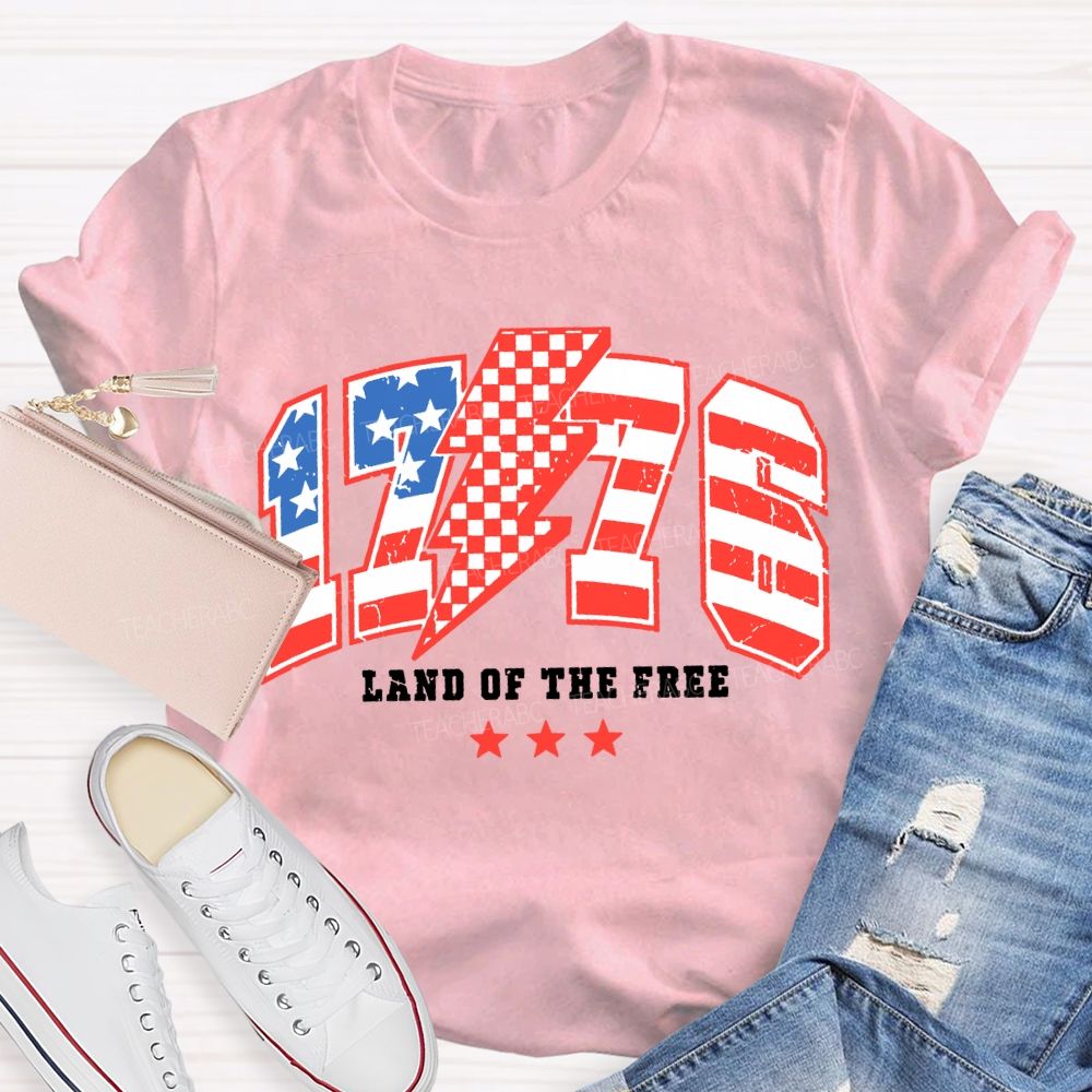 1776 Land Of The Free Red And Blue Lettering Print T-shirt