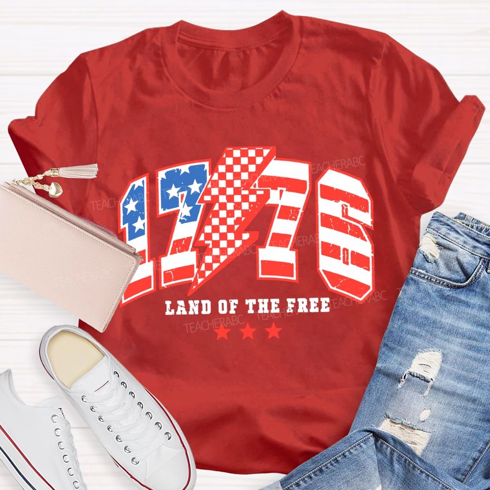 1776 Land Of The Free Red And Blue Lettering Print T-shirt