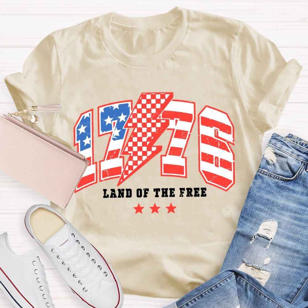 1776 Land Of The Free Red And Blue Lettering Print T-shirt