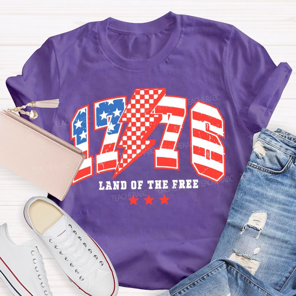 1776 Land Of The Free Red And Blue Lettering Print T-shirt