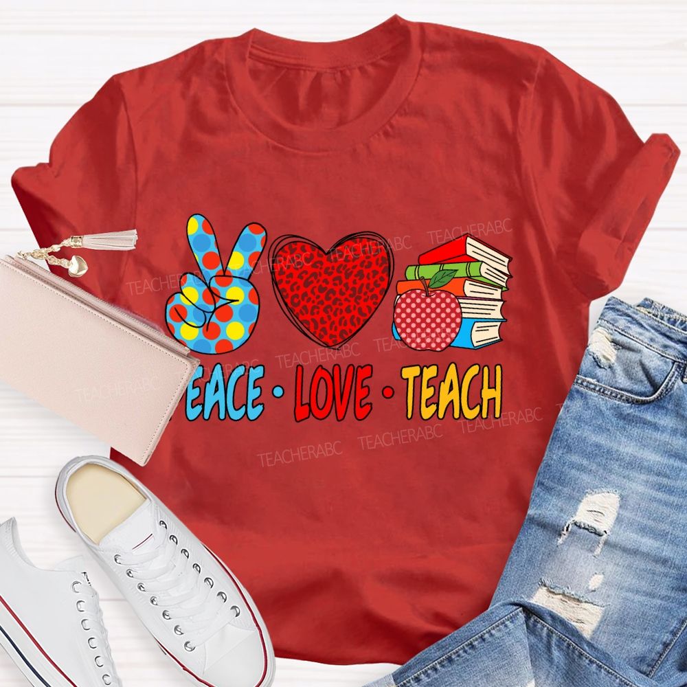 Peace Love Teach Red Leopard T-Shirt