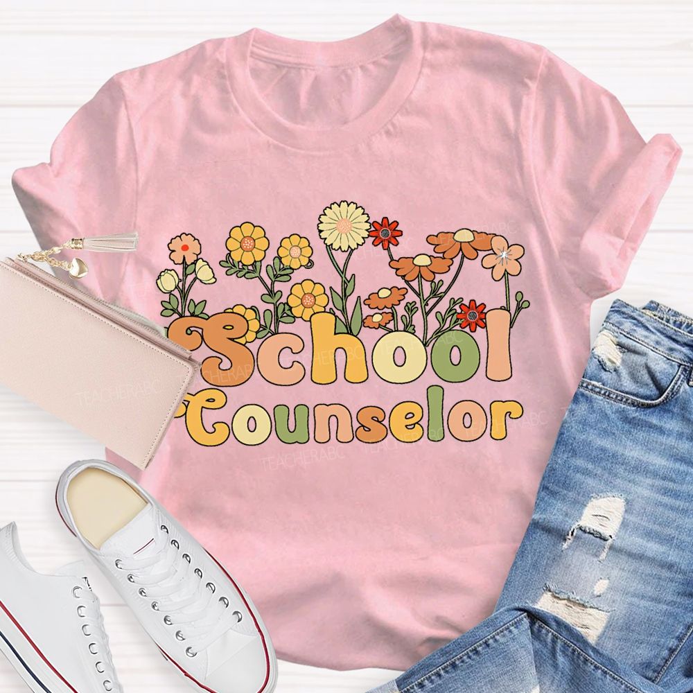 School Counselor Colorful Bouquets And Lettering T-shirt