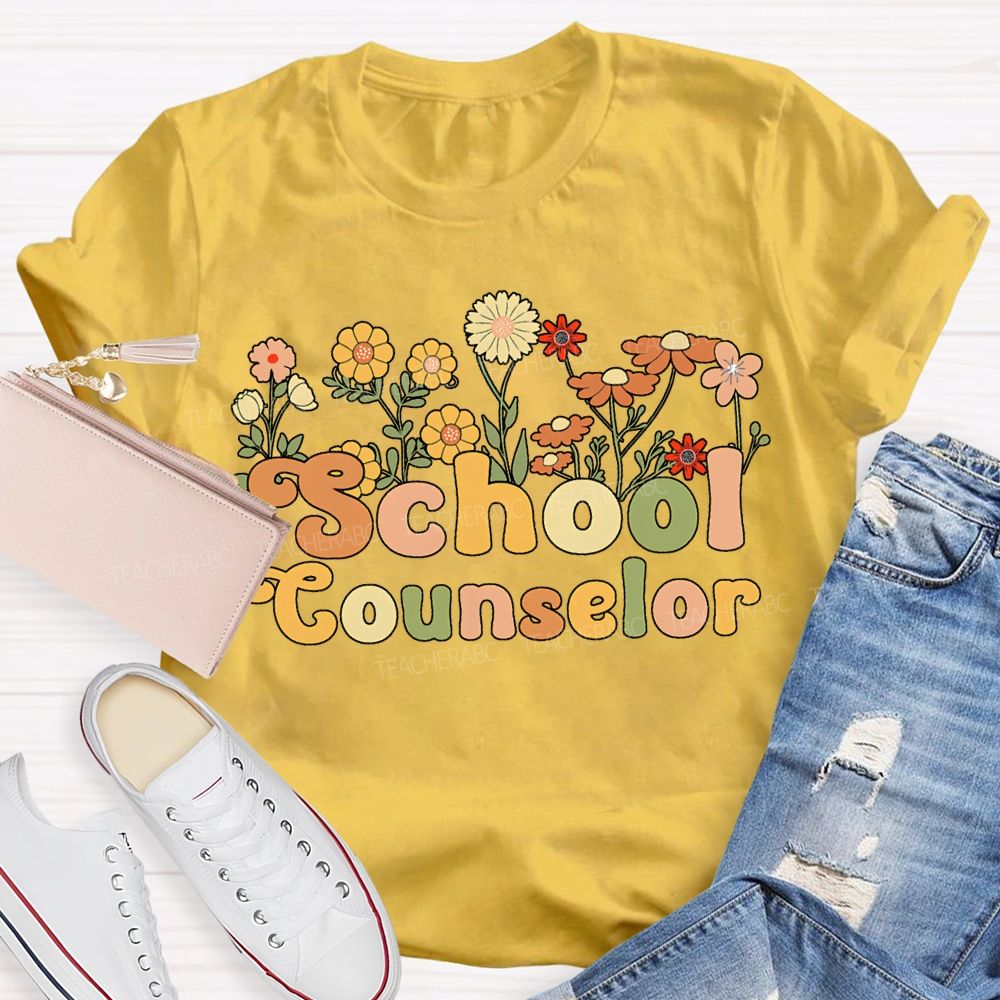 School Counselor Colorful Bouquets And Lettering T-shirt