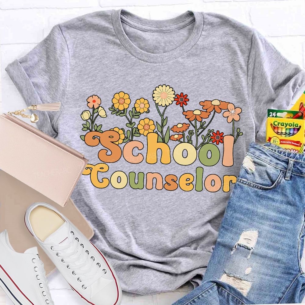 School Counselor Colorful Bouquets And Lettering T-shirt