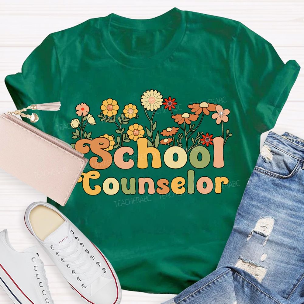 School Counselor Colorful Bouquets And Lettering T-shirt