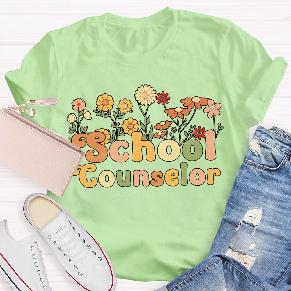 School Counselor Colorful Bouquets And Lettering T-shirt