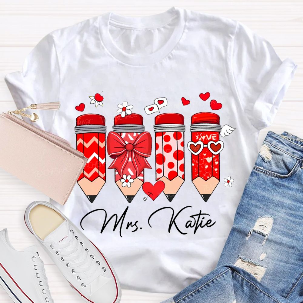 Personalized Name Heart And Bow Pencils T-shirt