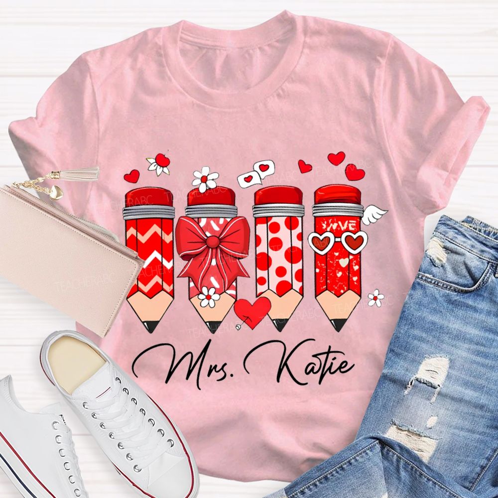 Personalized Name Heart And Bow Pencils T-shirt