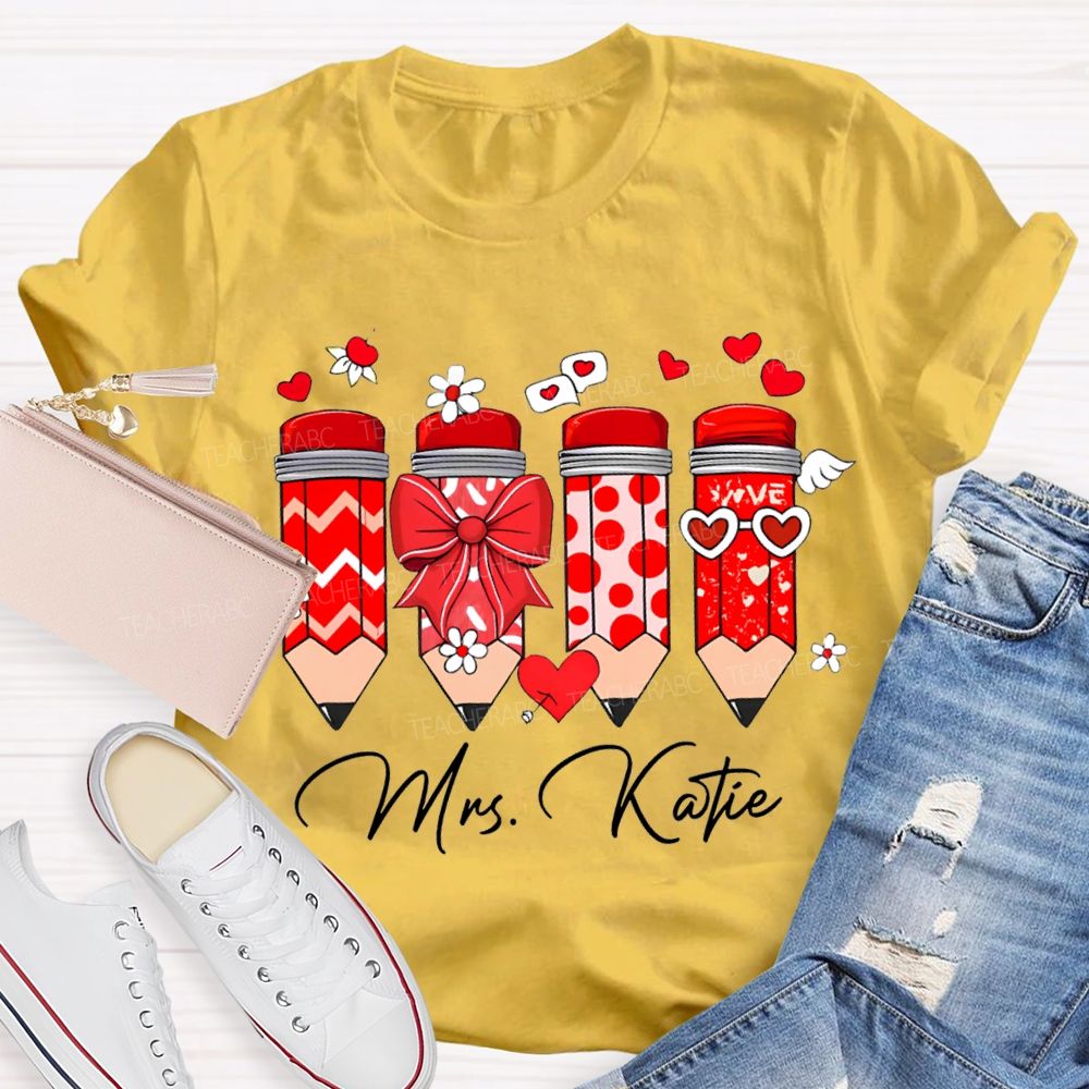 Personalized Name Heart And Bow Pencils T-shirt