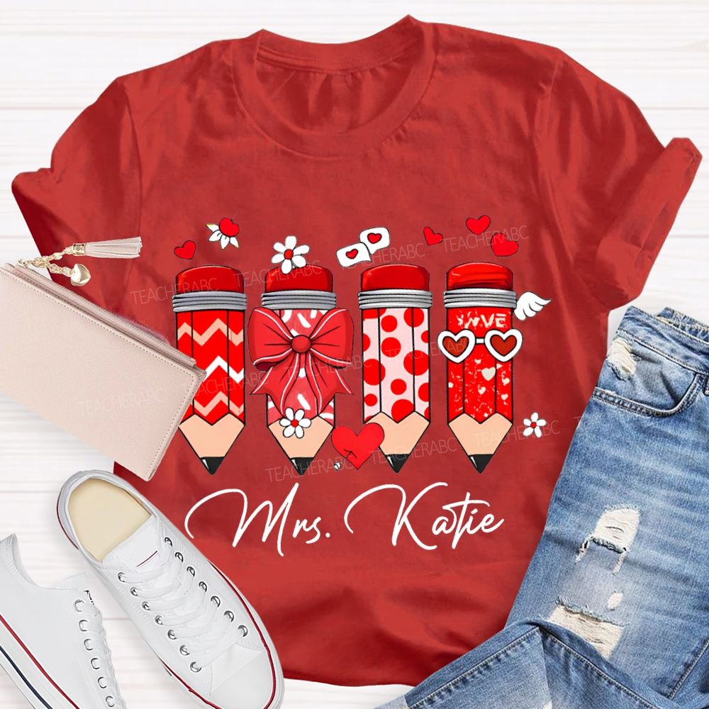 Personalized Name Heart And Bow Pencils T-shirt