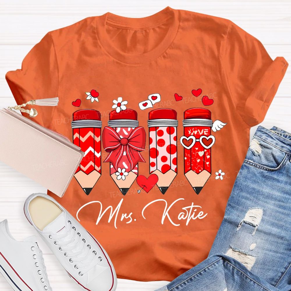 Personalized Name Heart And Bow Pencils T-shirt
