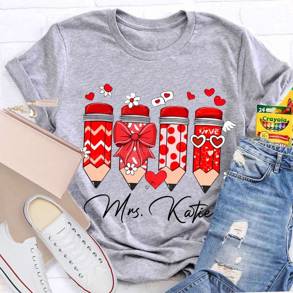 Personalized Name Heart And Bow Pencils T-shirt