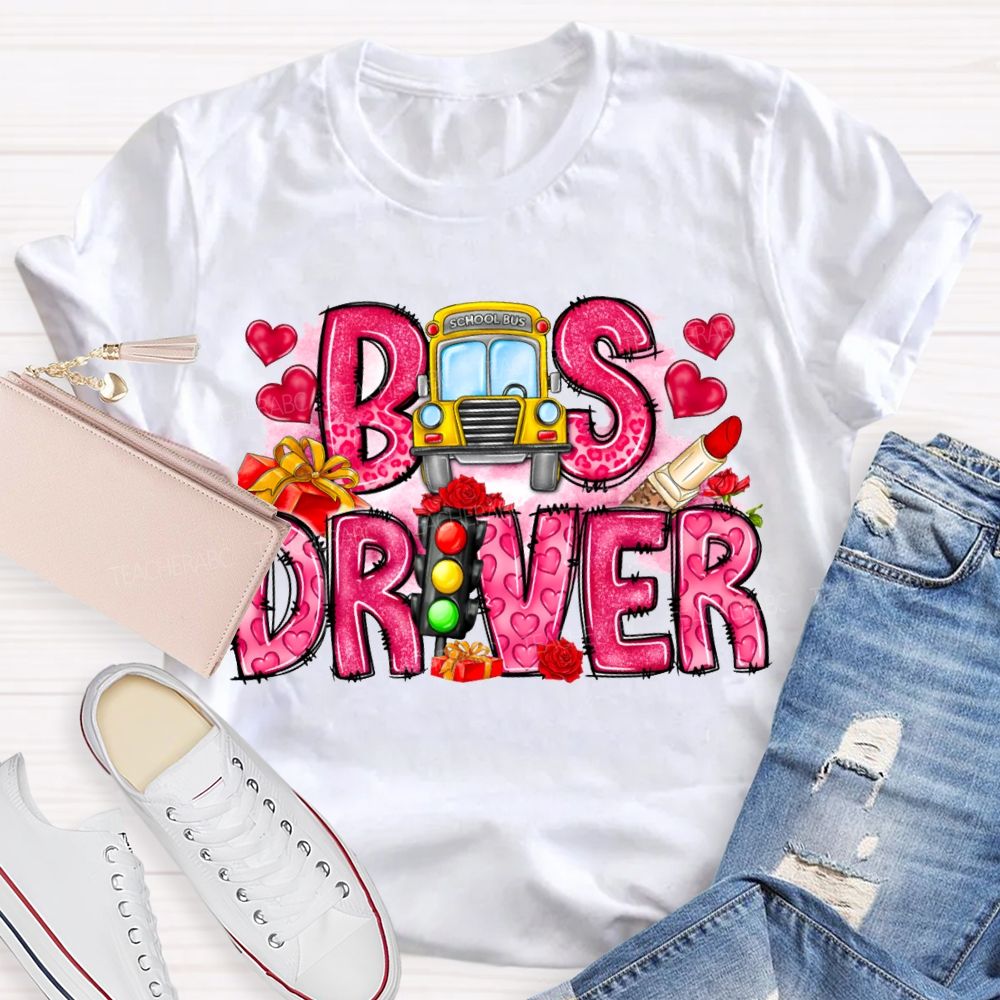 School Bus And Pink Heart Lettering T-shirt