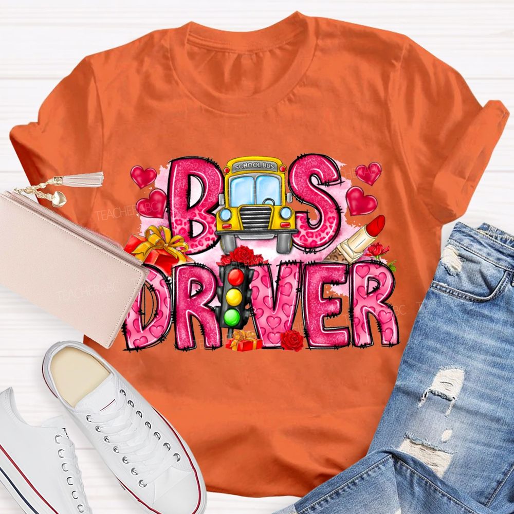 School Bus And Pink Heart Lettering T-shirt