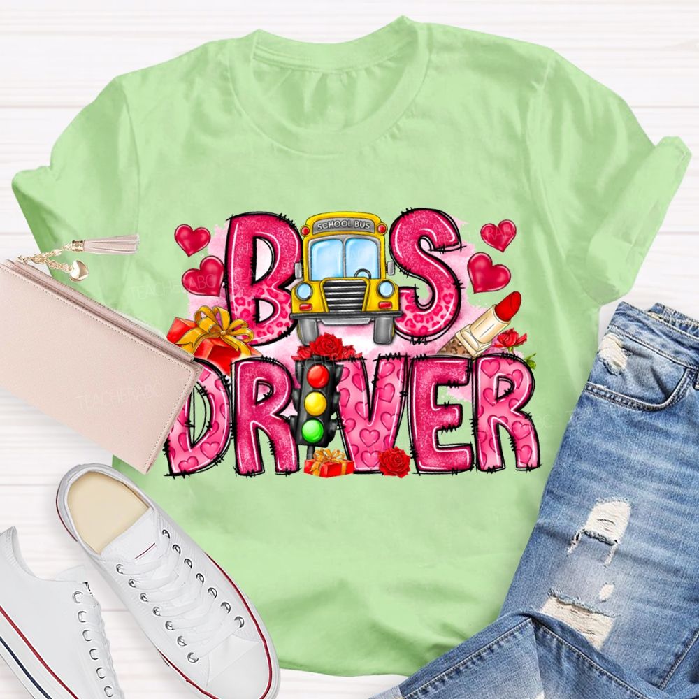 School Bus And Pink Heart Lettering T-shirt