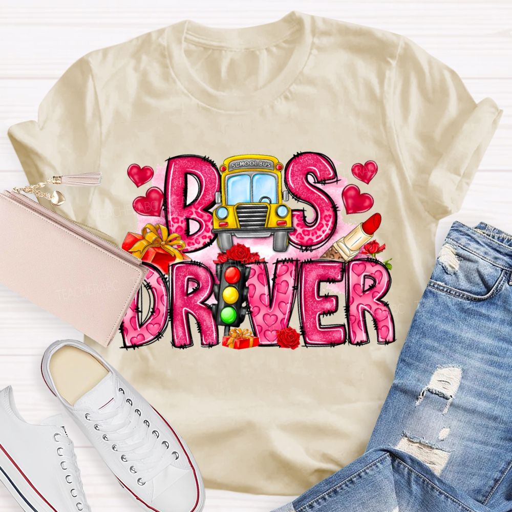 School Bus And Pink Heart Lettering T-shirt