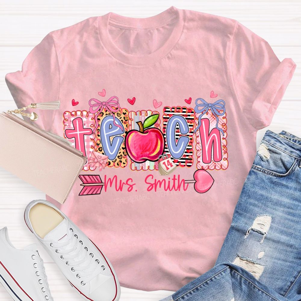 Personalized Name Teach Heart And Apple Prints T-shirt