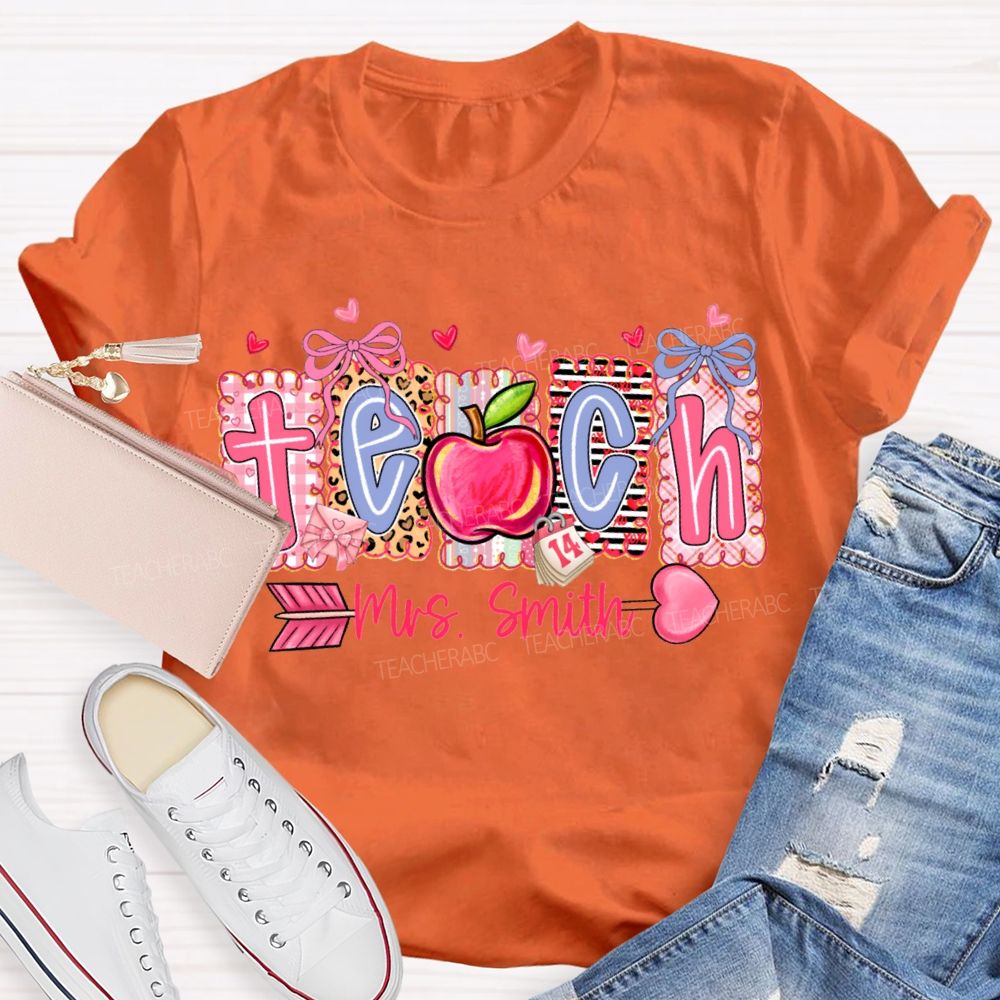 Personalized Name Teach Heart And Apple Prints T-shirt