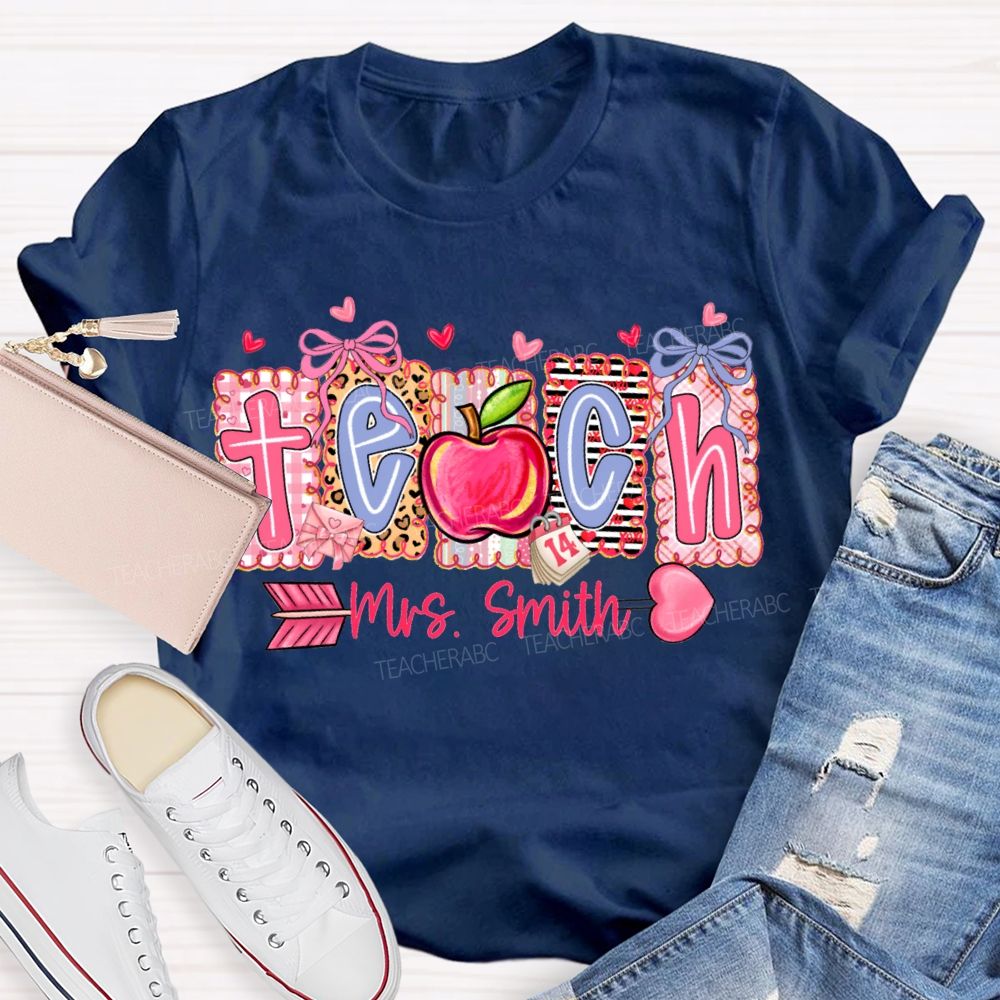 Personalized Name Teach Heart And Apple Prints T-shirt