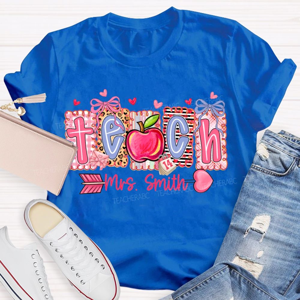 Personalized Name Teach Heart And Apple Prints T-shirt
