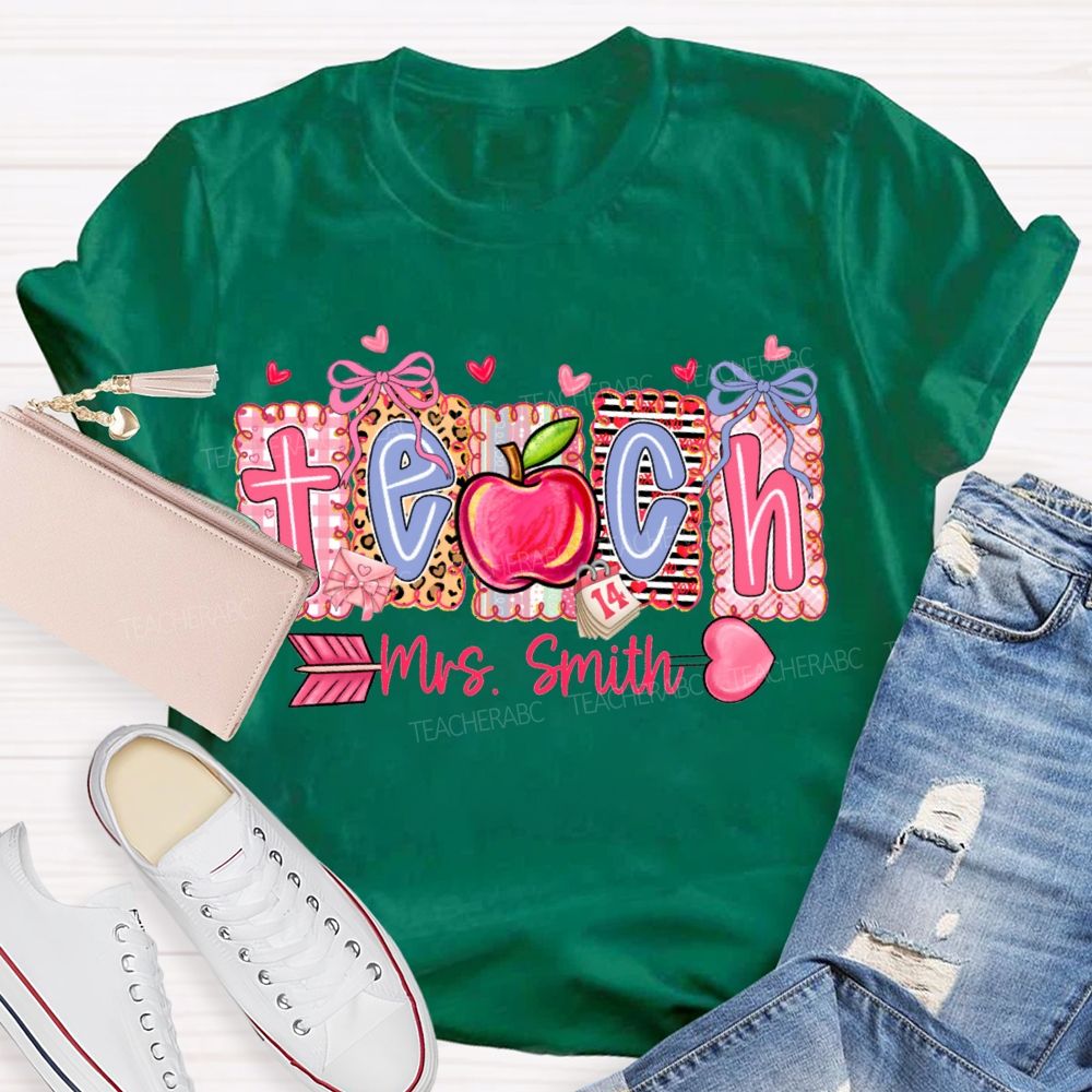 Personalized Name Teach Heart And Apple Prints T-shirt