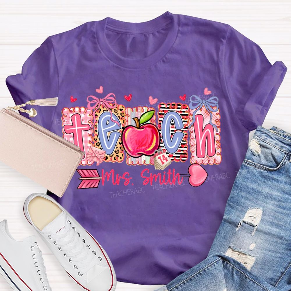 Personalized Name Teach Heart And Apple Prints T-shirt