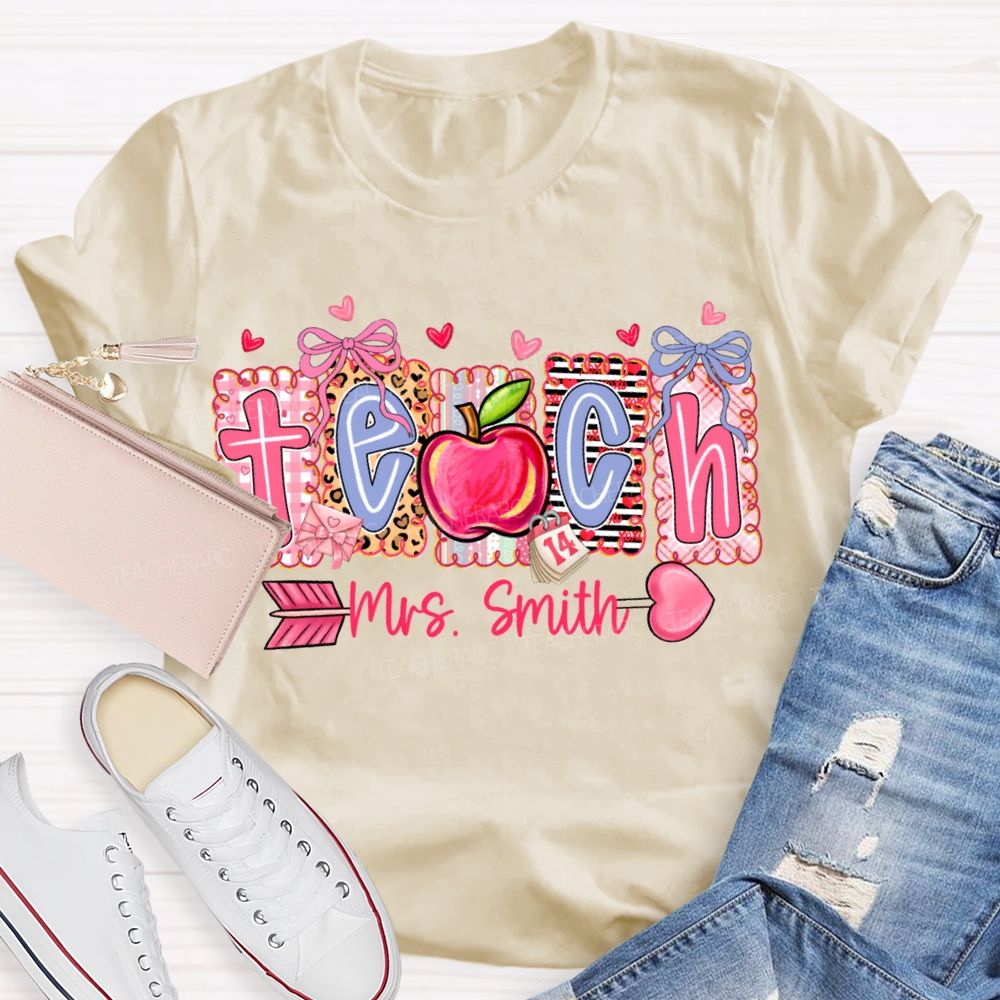 Personalized Name Teach Heart And Apple Prints T-shirt