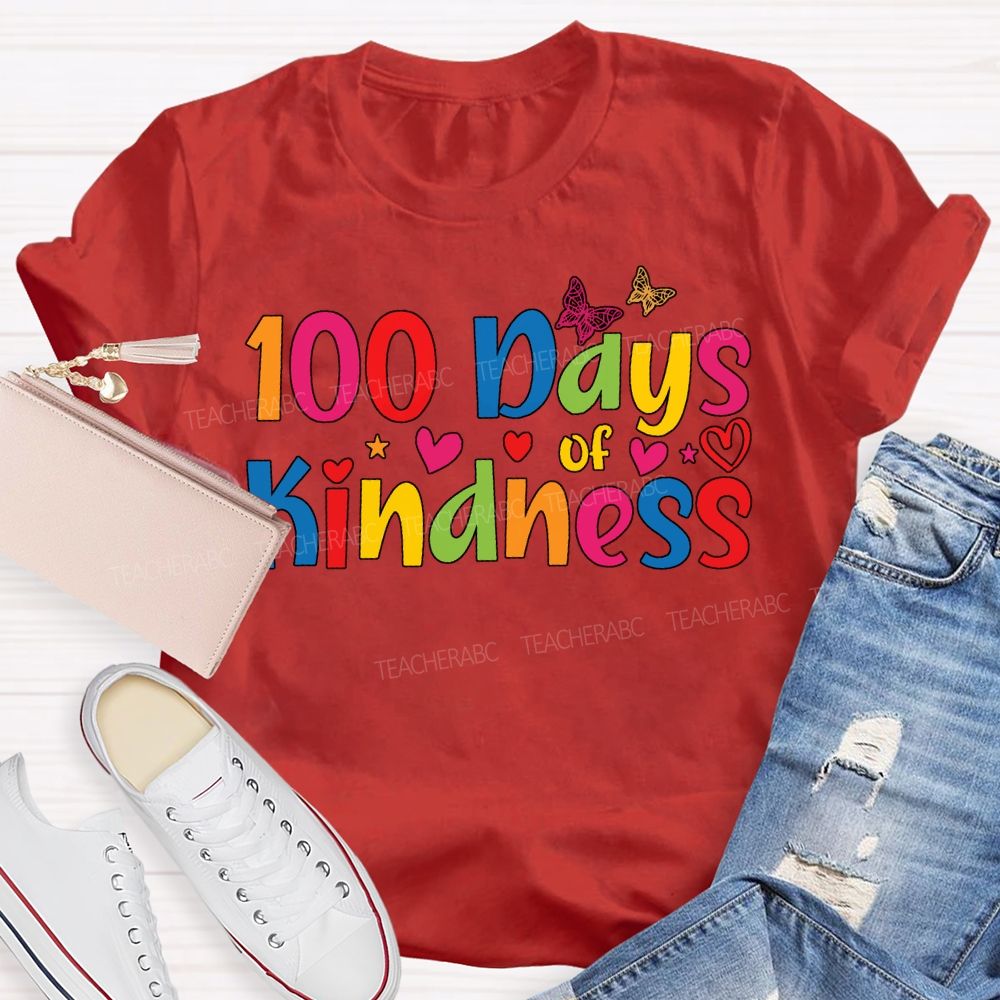 100 Days Of Kindness Colorful Hearts And Fonts T-shirt