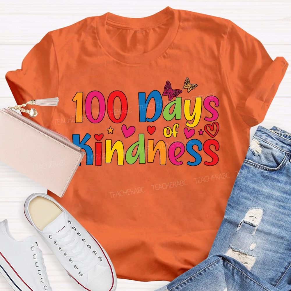 100 Days Of Kindness Colorful Hearts And Fonts T-shirt