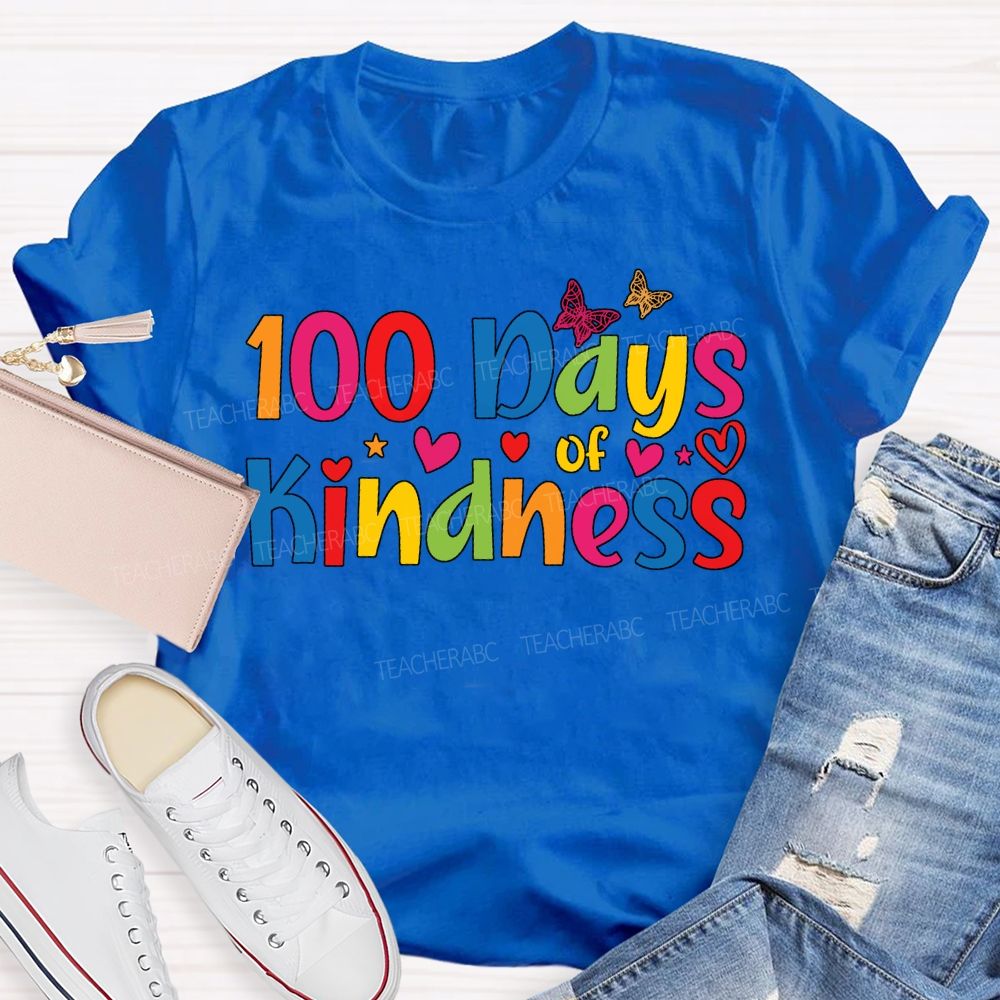 100 Days Of Kindness Colorful Hearts And Fonts T-shirt
